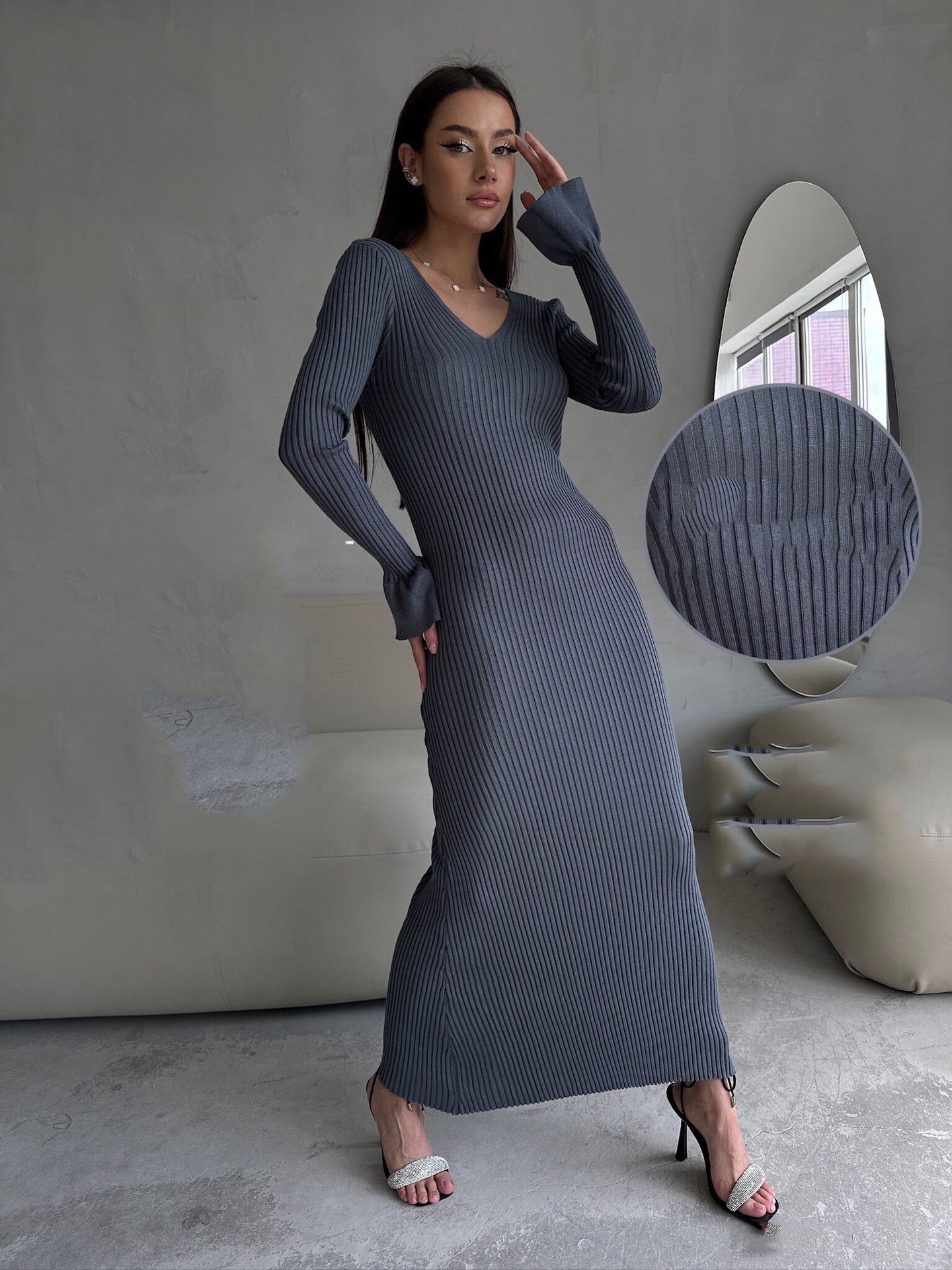 Long Sleeve V neck Tight Knitted Dress Solid Color Rib Fabric Wool Long Autumn Winter Dress
