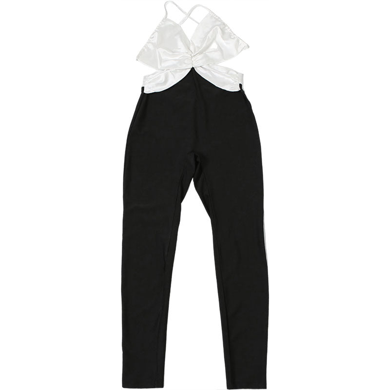 Summer Women Clothes Sexy Backless Contrast Color High Waist Tight Slimming One Piece Trousers