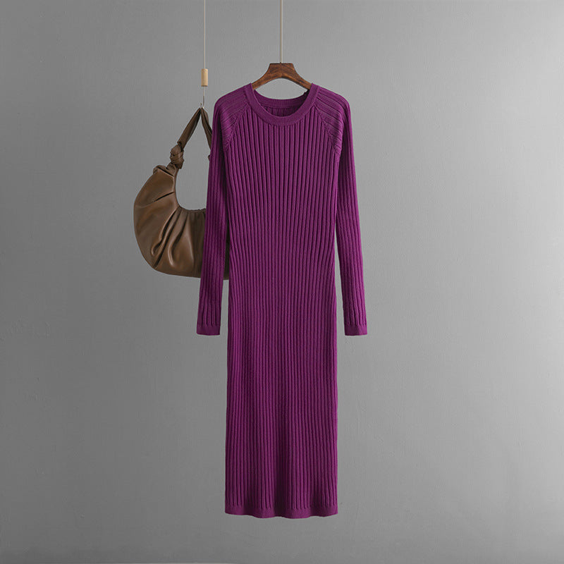 Mid Length Overknee Sweater Dress Women Autumn Winter round Neck Sunken Stripe Inner Wear Base Knitted Dress