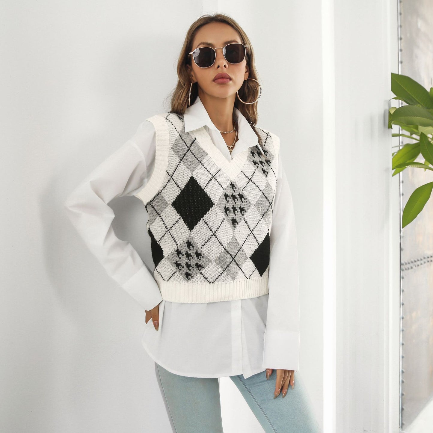 Houndstooth Diamond Plaid Jacquard Vest Sweater Vest Women Autumn Winter Knitwear Women Clothing