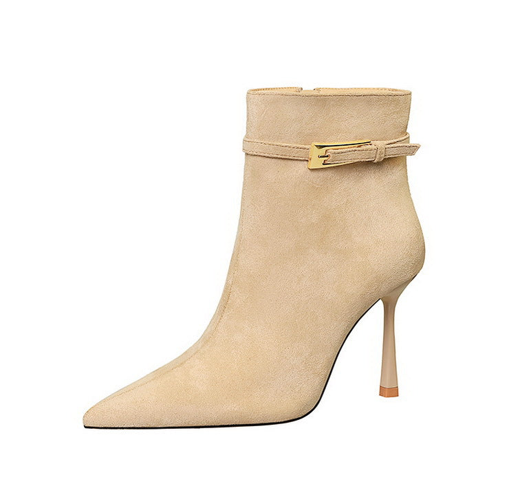 Sexy Boots Pointed Toe Suede Stiletto Heel Belt Buckle Side Zipper High Heel Boots Women