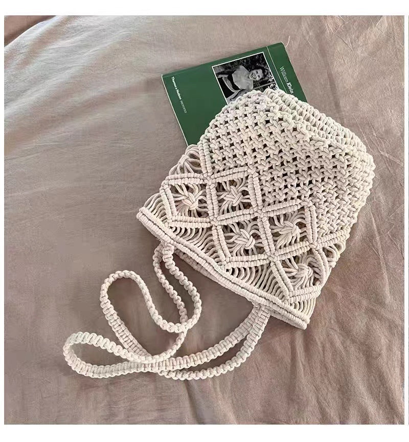 Artistic Simple Cotton Thread Shoulder Woven Bag Summer Niche Hollow Out Cutout Straw Bag Portable Women Bag Vacation Beach Bag