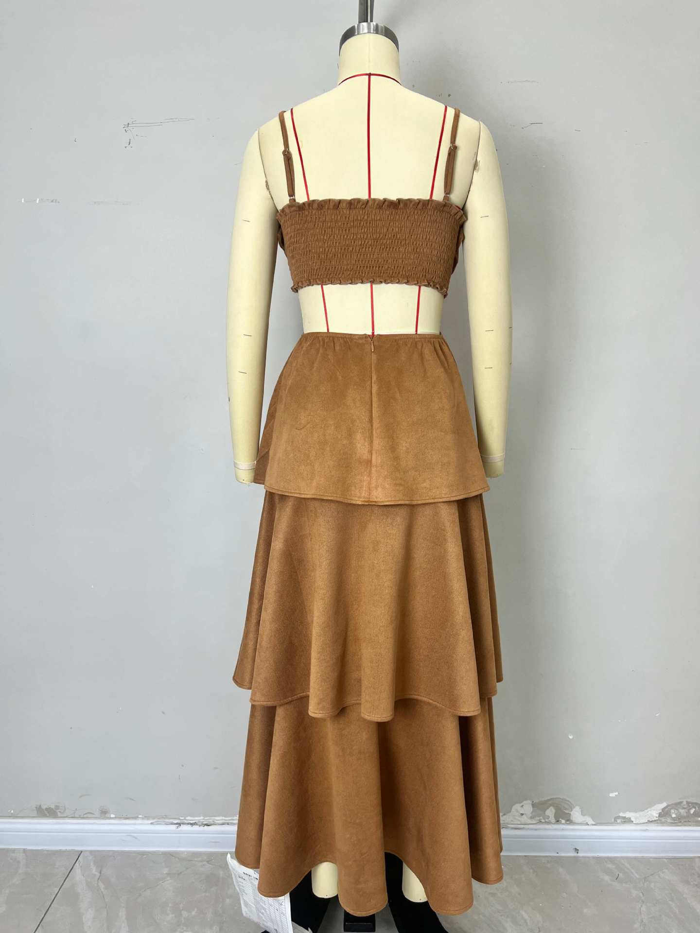 French Retro Suspenders Hollow Out Cutout out Waist Slimming Long Suede Dress