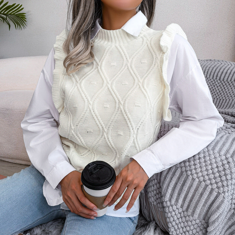 Autumn Winter Wooden Ear Diamond Knitted Vest Sweater Women Clothing