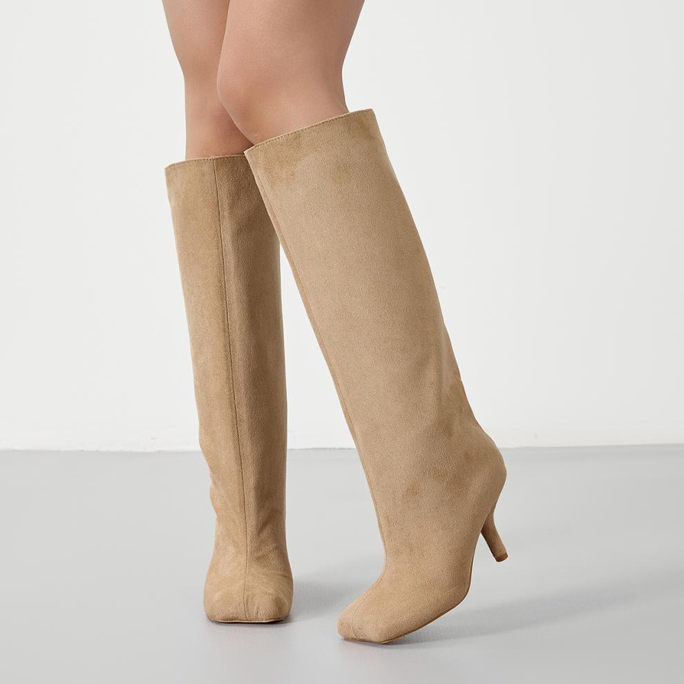 US Size Widen Women Knee High Suede Wide Calf Square Head Cover High Leg Boot