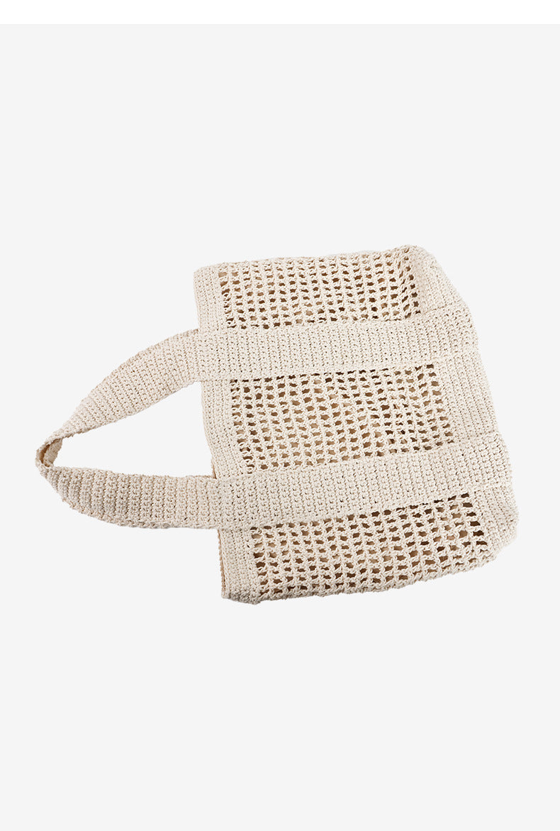 Casual Large Capacity Cotton Thread Woven Bag Hollow Out Cutout Straw Bag Seaside Vacation Beach Bag Mesh Shoulder Bag