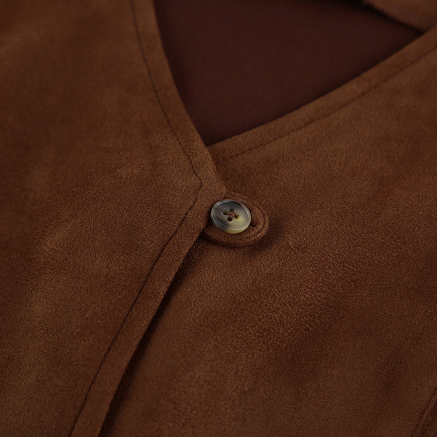 Autumn Women Clothing Coat Suede Matte Casual Short Retro British V neck Bandage Vest