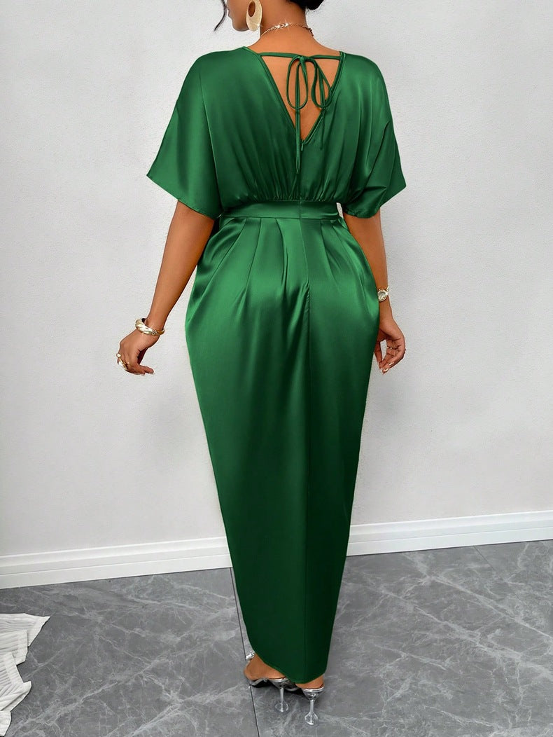 Women Clothing Early Autumn Satin Dress Ball Gown Satin Waist Tight Maxi Dress