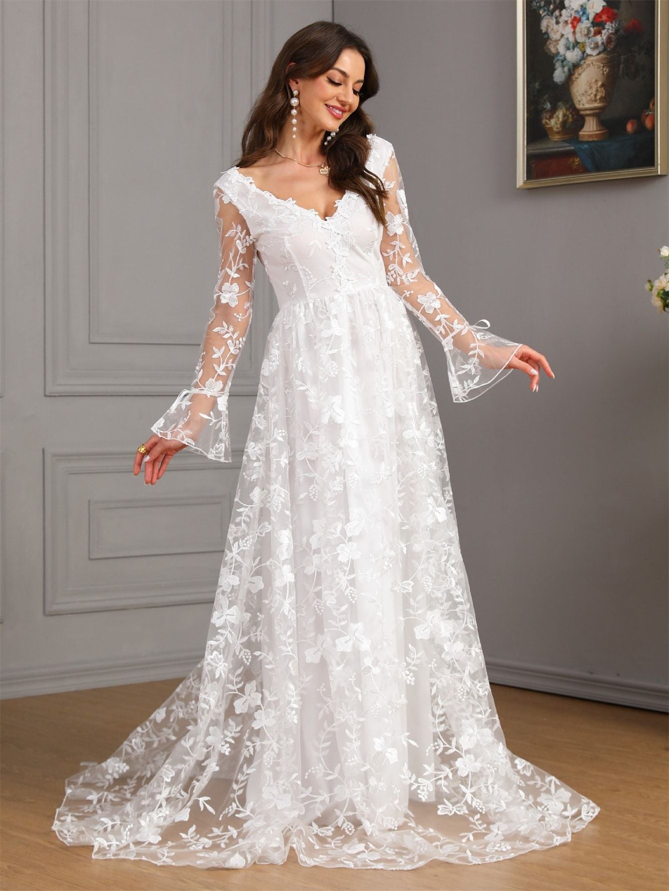 Women V neck Long Sleeve Sexy Backless White Large Swing Wedding Bridal Gown Dress