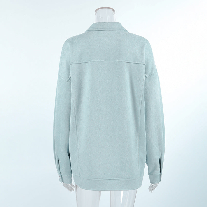 Retro Leather Coat Women Niche Blue Cool Feeling High Street Fashionable Zipper Autumn Winter Suede Jacket