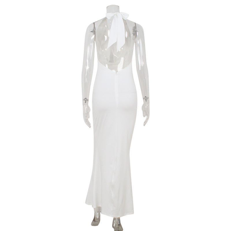 Dress Lace Stitching Elegant Halter V neck Backless Waist Trimming Slimming Fishtail Hip Dress Floor Length Dress