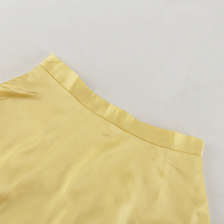Satin Draping Yellow Skirt Women Spring Summer Simple Pocket High Waist Hip Skirt