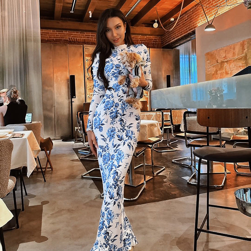 Half High Collar Long Sleeves Printed Fishtail Dress Women Autumn Sexy Dress