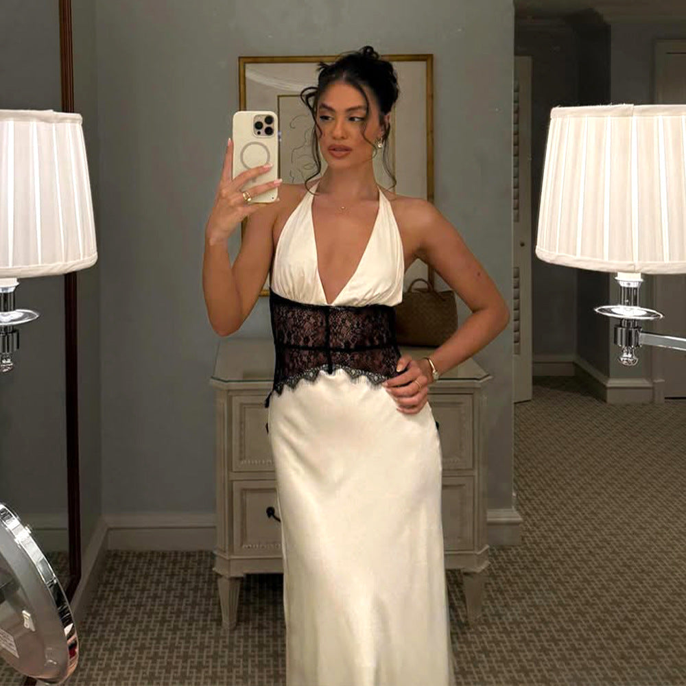 Summer Elegant Deep V Plunge Silky Satin Dress Stitching Halter Waist Tight Sexy Dress
