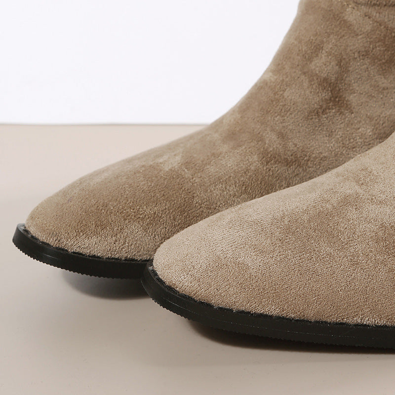 Square Heel Pointed Toe Mid Calf Length Knight Boots Women Suede Pleated Pile Sleeve Pointed Boots