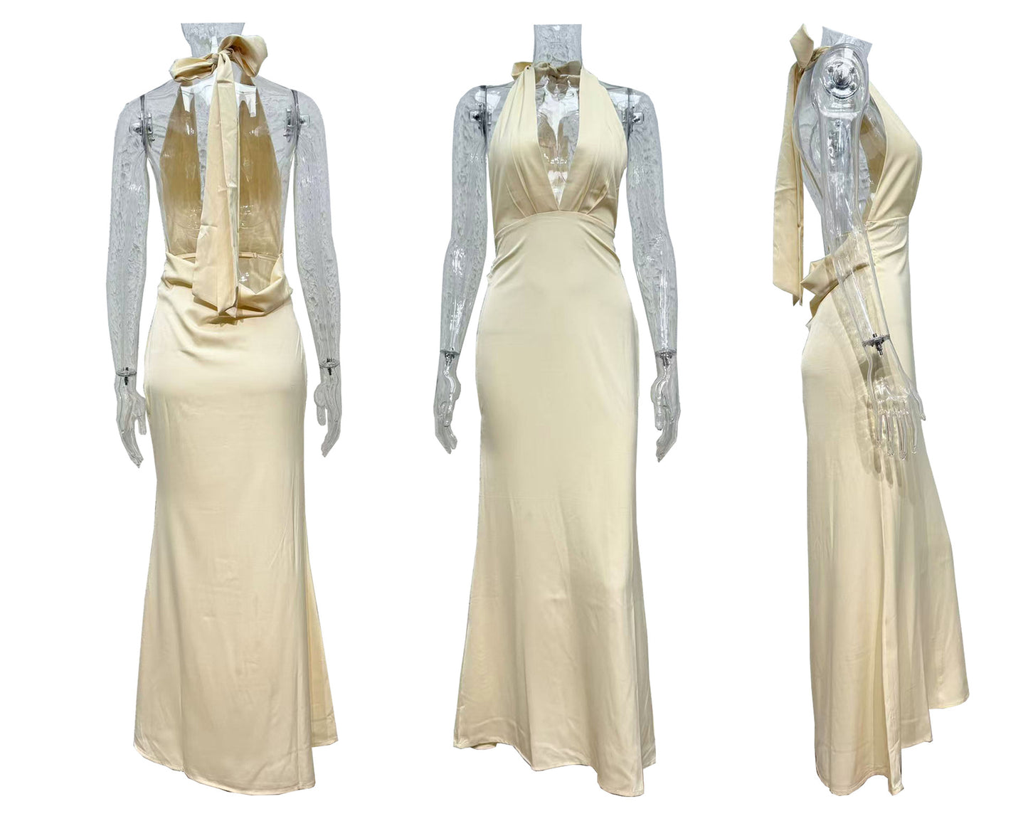 Spring Summer Women Clothing Sexy Waist Trimming Halter Backless Solid Color Sleeveless Dress Women