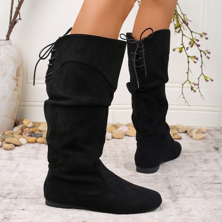 Lace up Knight Boots Women Suede High Boots Autumn Pleated Pile Boots