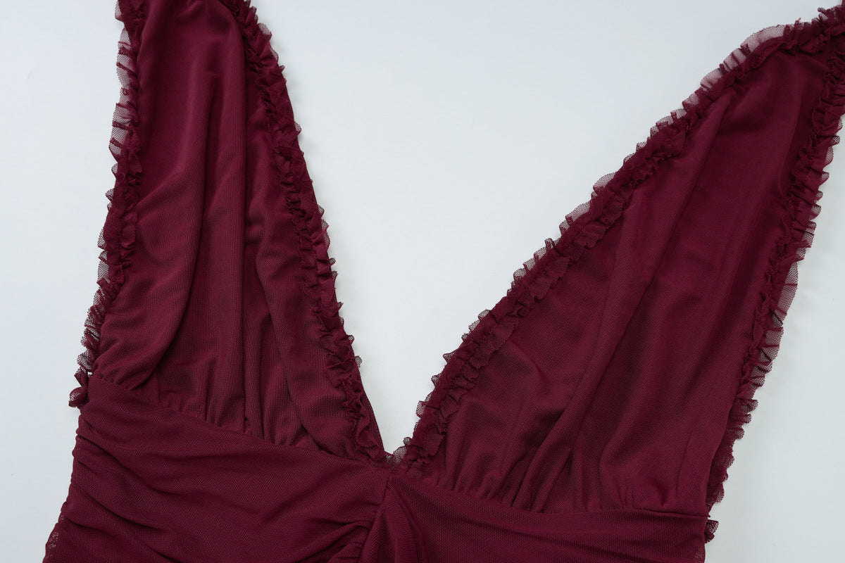 Summer Mesh Stitching Elegant Dress Maxi Dress V neck Halter Backless Sexy Dress Women