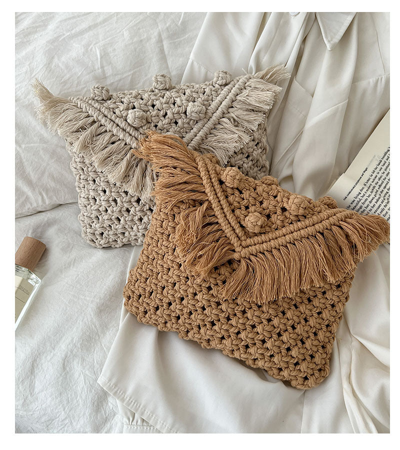 Beanie Crossbody Cotton Thread Woven Bag Women Tassel Bag Cover Shoulder Straw Bag Vacation Beach Bag