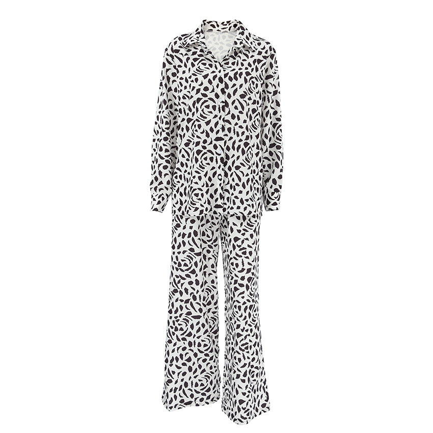 Leopard Print Pajamas Autumn Ice Silk Long Sleeve Cardigan Trousers Two Piece Set Loose Ladies Homewear