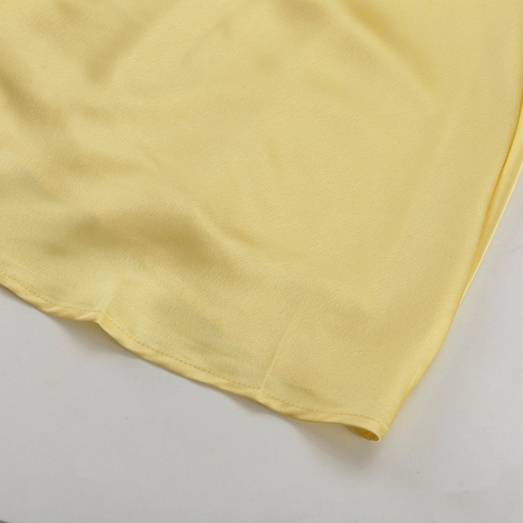 Satin Draping Yellow Skirt Women Spring Summer Simple Pocket High Waist Hip Skirt