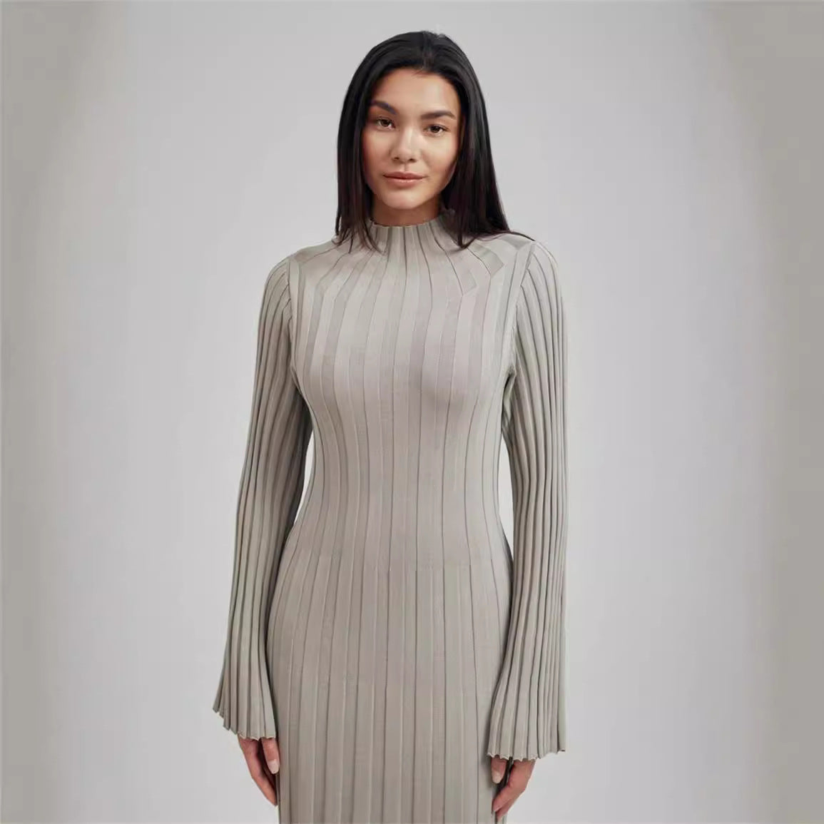 Autumn Winter Knitted Dress Casual Waist Tight round Neck Large Pit High Collar Slimming Knitted Maxi Dress for Women