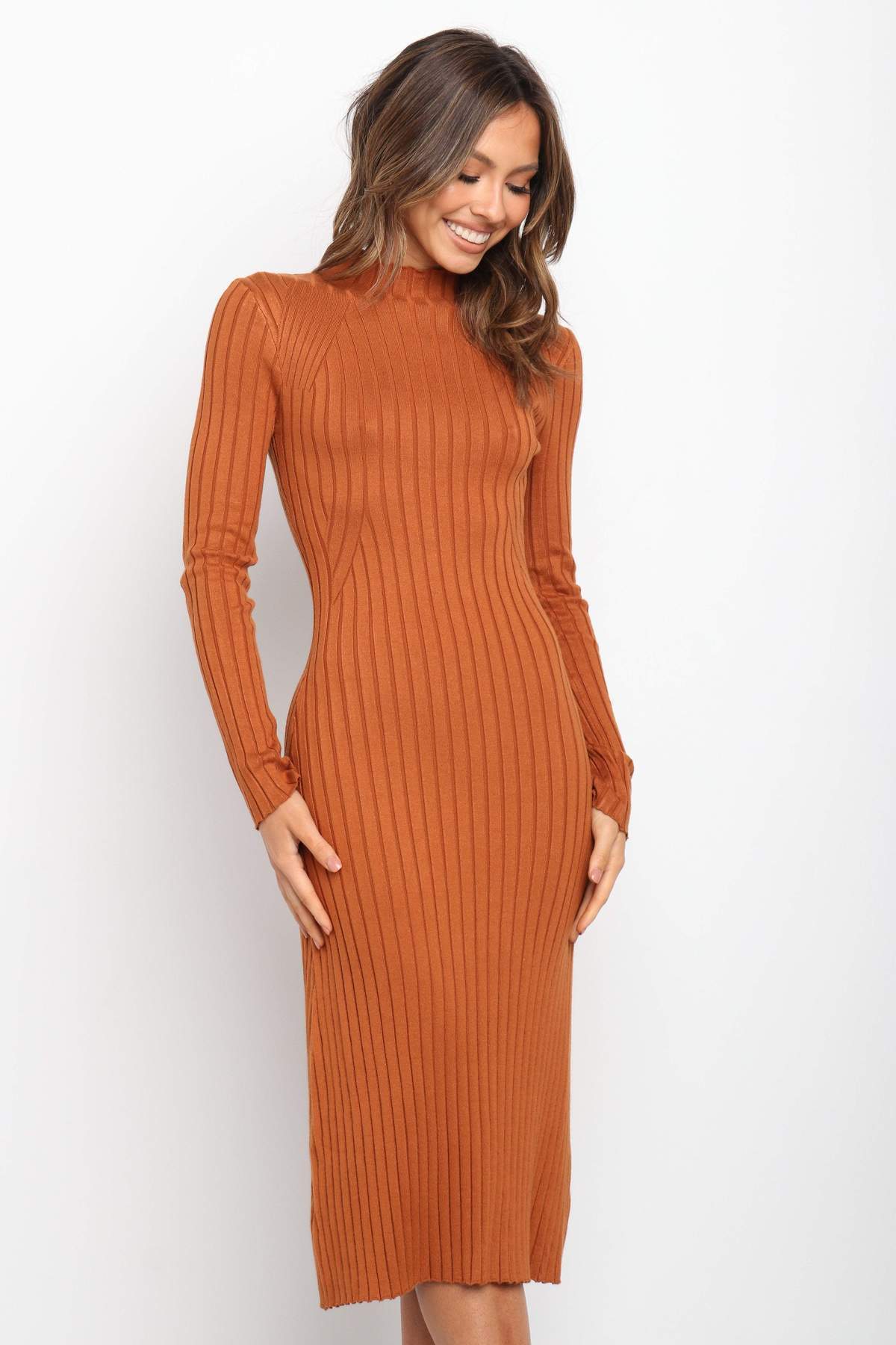 Autumn Winter Long Sleeve Solid Color Striped round Neck Wool Women Clothing Dress