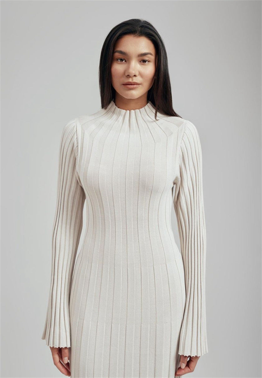 Autumn Winter Knitted Dress Casual Waist Tight round Neck Large Pit High Collar Slimming Knitted Maxi Dress for Women