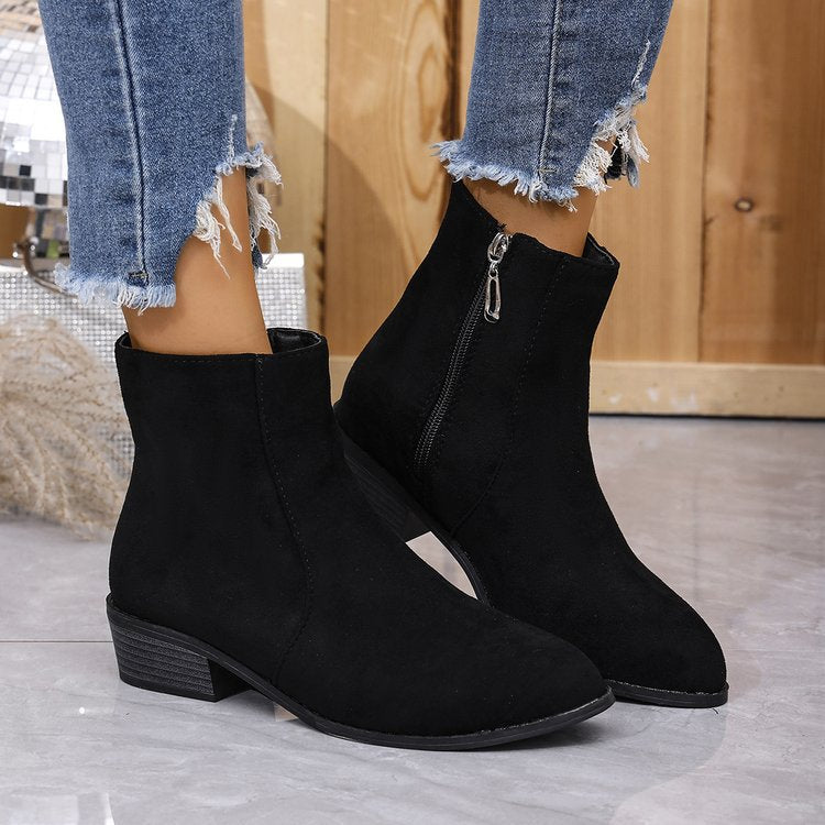 Short Side Zipper Martin Boots Women Single Boots Suede Thick Heel with British Skinny Boots