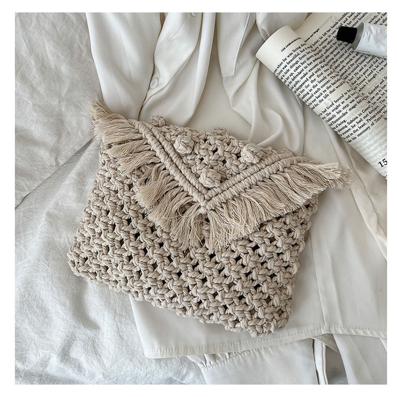 Beanie Crossbody Cotton Thread Woven Bag Women Tassel Bag Cover Shoulder Straw Bag Vacation Beach Bag