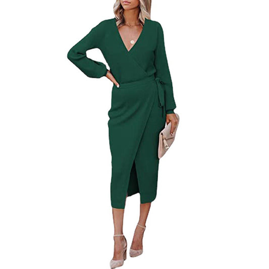 Autumn Winter Women Clothing Maxi Dress Elegant Graceful V-neck Knitted Dress