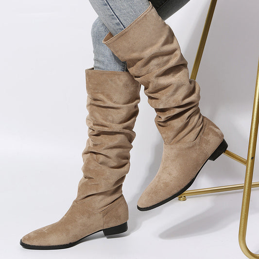 Square Heel Pointed Toe Mid Calf Length Knight Boots Women Suede Pleated Pile Sleeve Pointed Boots