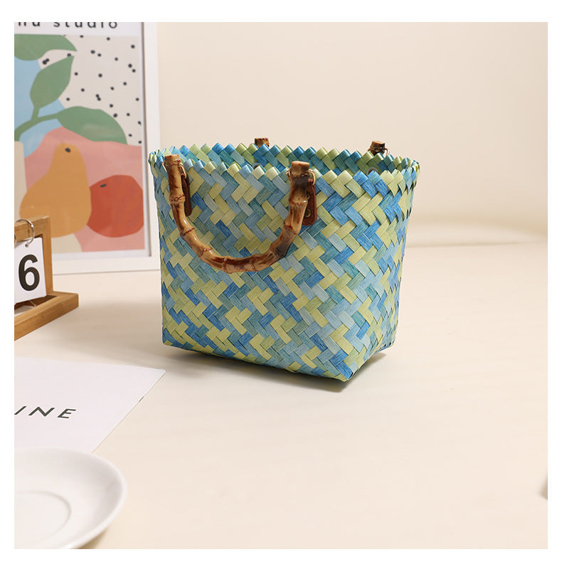 Retro Color Portable Straw Weaved Bag Square Hand Woven Bag Vacation Beach Bag Women Bag