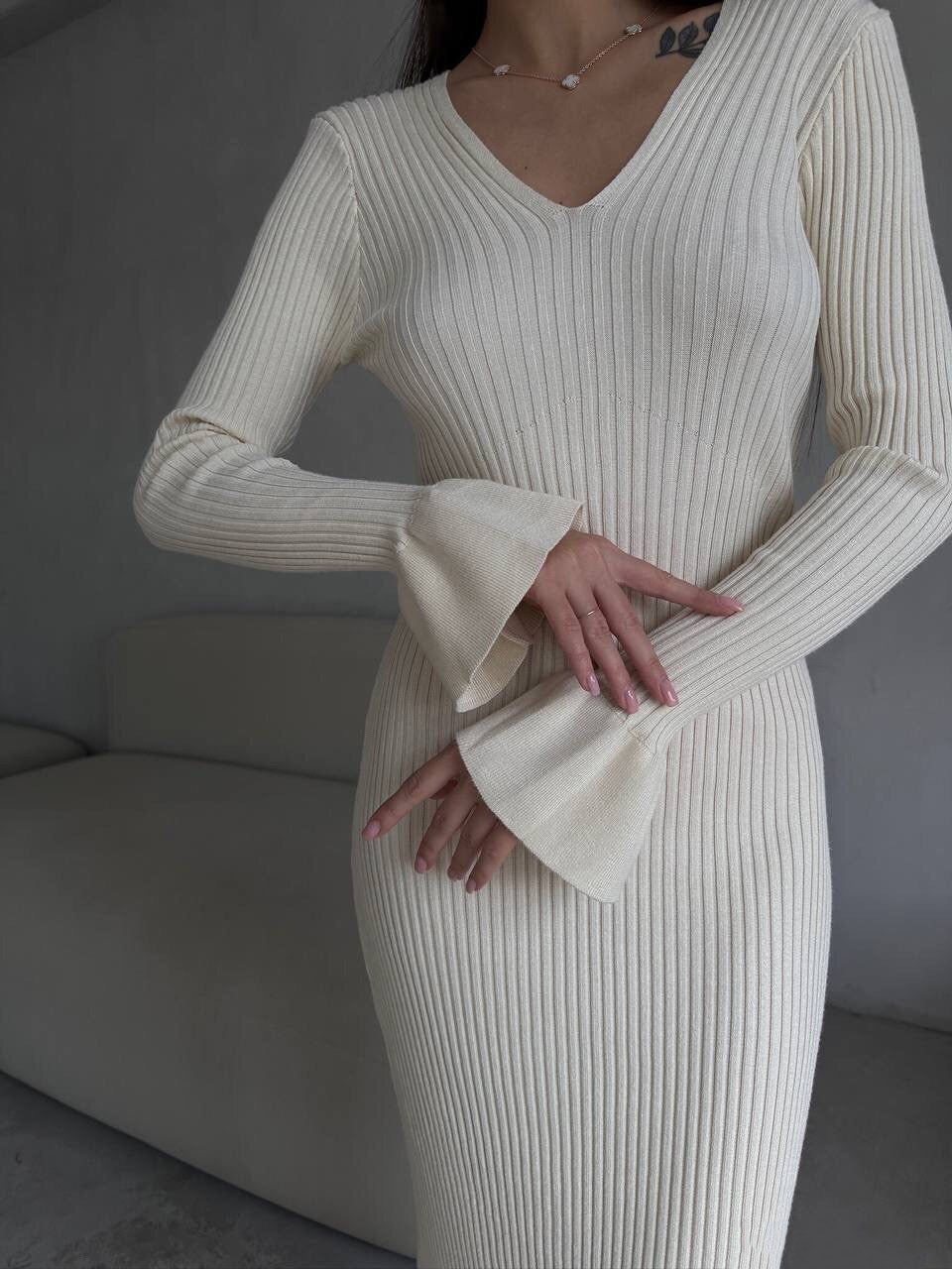 Long Sleeve V neck Tight Knitted Dress Solid Color Rib Fabric Wool Long Autumn Winter Dress