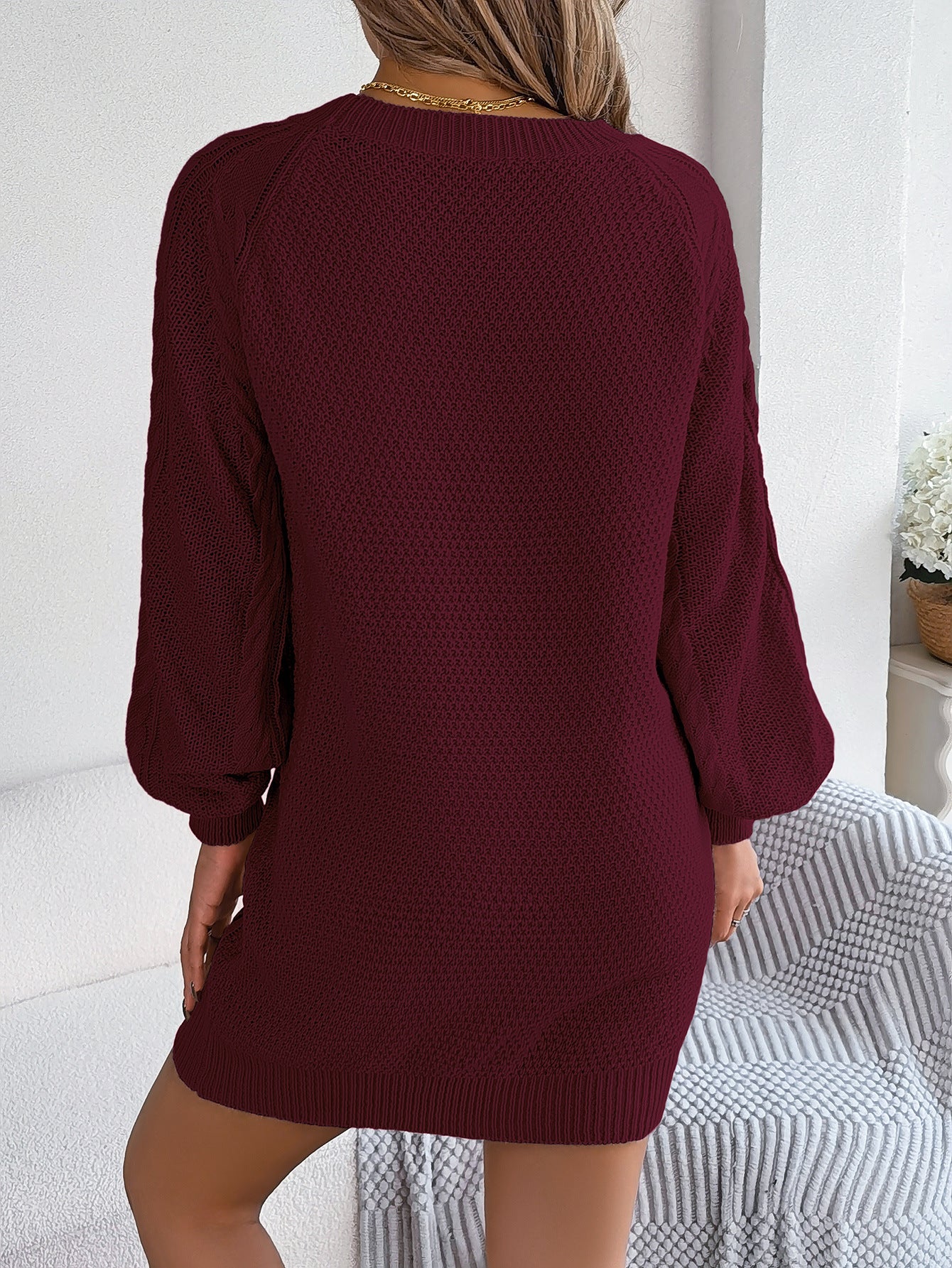 Autumn Winter Solid Color Twist Fitted Waist Lantern Long Sleeve Sweater Dress Women Clothing Without belt