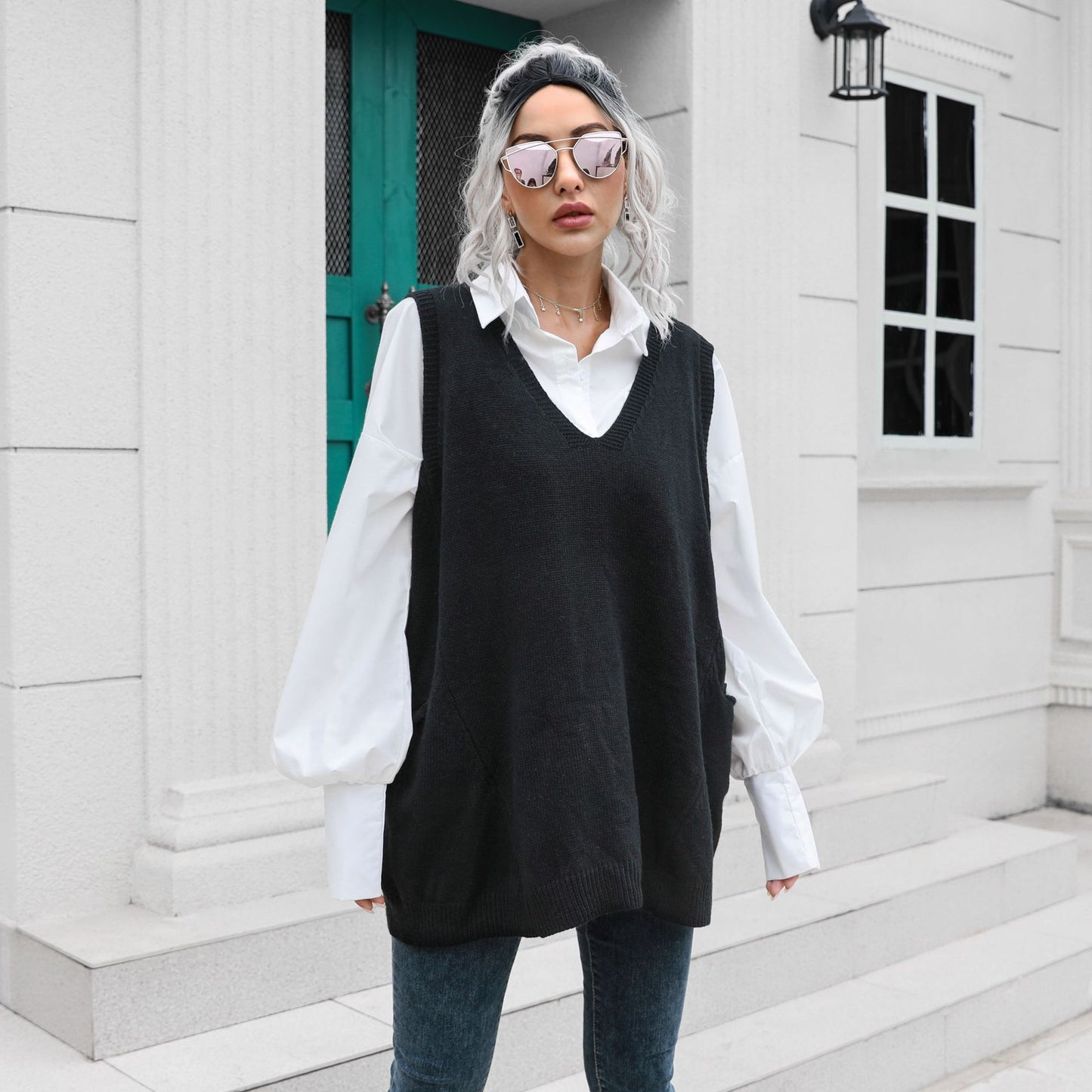 Pocket Large Swing V-neck Mid-Length Vest Sweater Women Loose-Fitting Waistcoat Outer Wear Inner Wear Autumn Winter