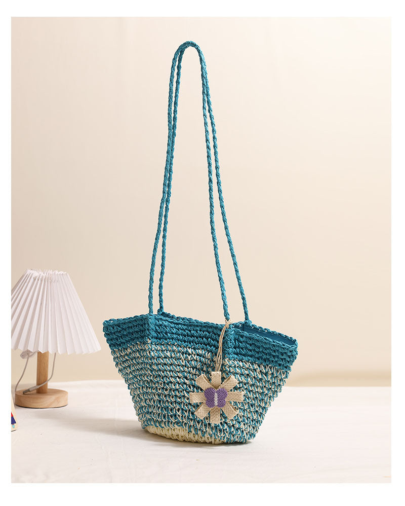 Fresh Floral Straw Bag Niche Gradient Color Straw Bag Woven Bag Vacation Beach Bag Shoulder Bag