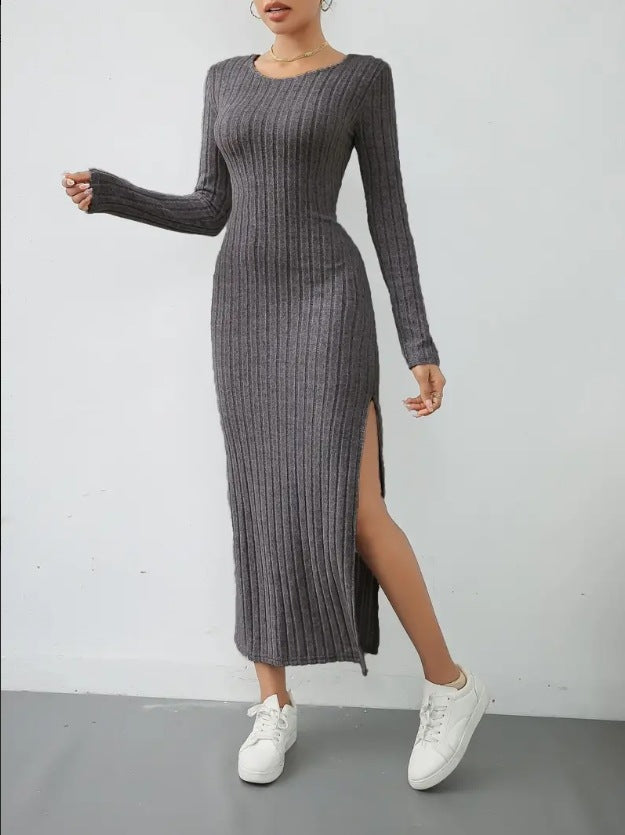 Autumn Winter Long Sleeve Crew Neck Split Knitted Maxi Dress Women