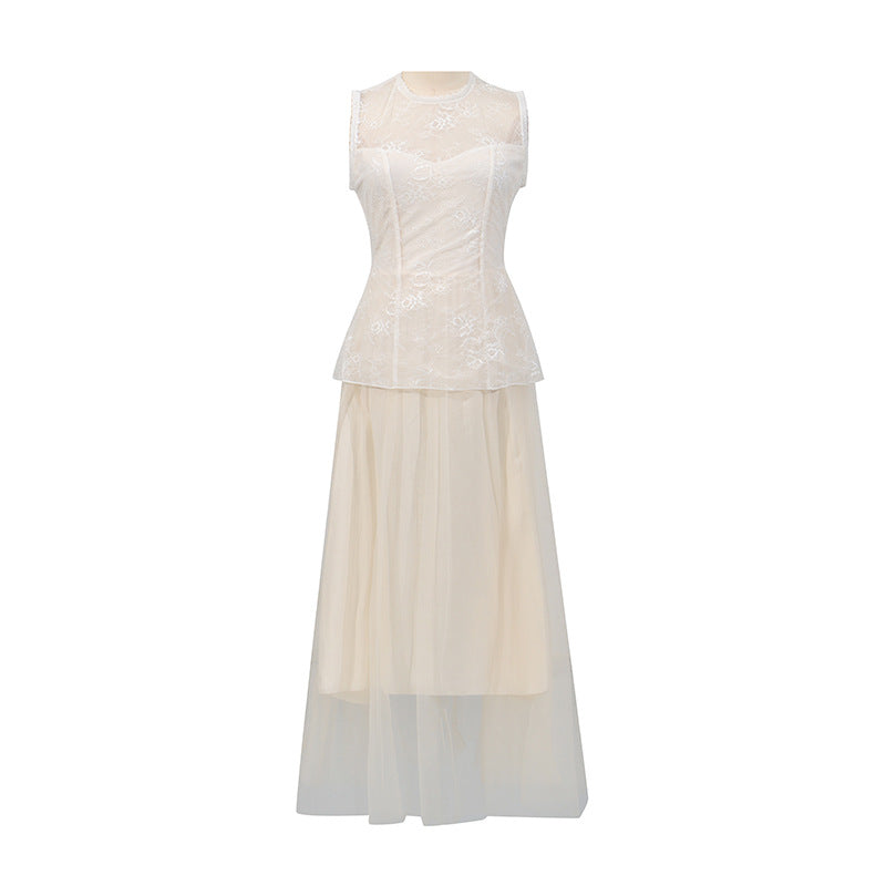 Women Elegant High Grade Dress Summer Lace Embroidered Mesh Stitching Sleeveless Dress