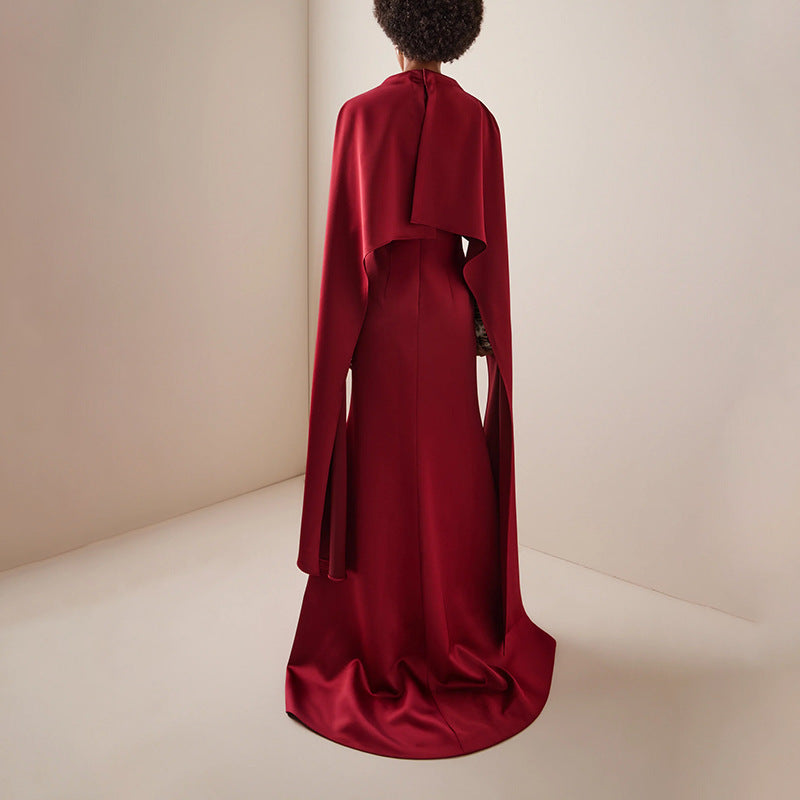 Women Elegant Shawl Solid Color Wide Hem Loose Slimming High Waist Dress