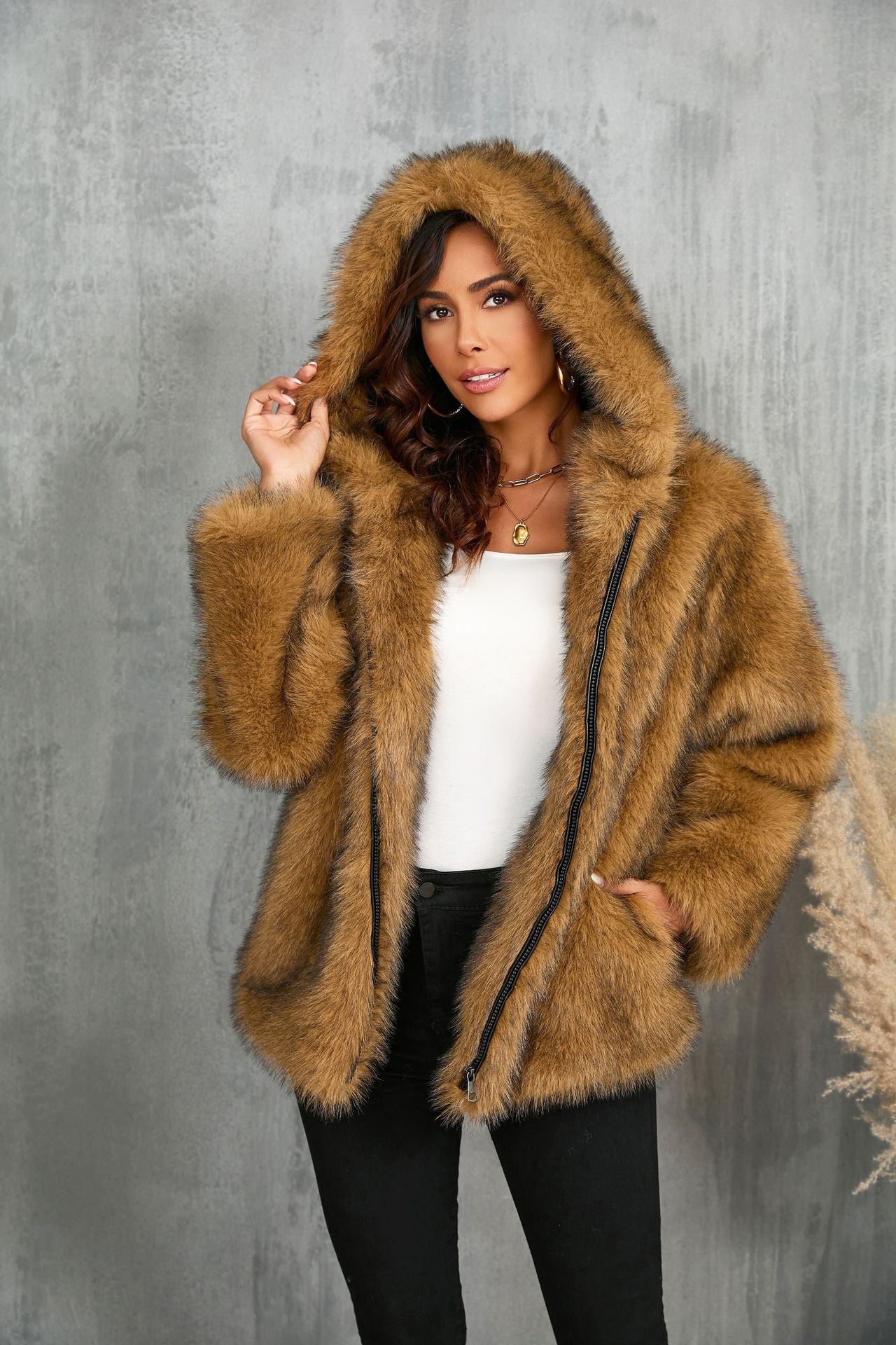 Faux Fur Coat Solid Color Loose Hooded Short Fur Collar Coat Winter Coat Warm Winter Clothing