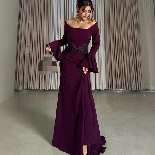 Women Clothes Long Sleeve off Shoulder Stitching Ruffle Slim Dress