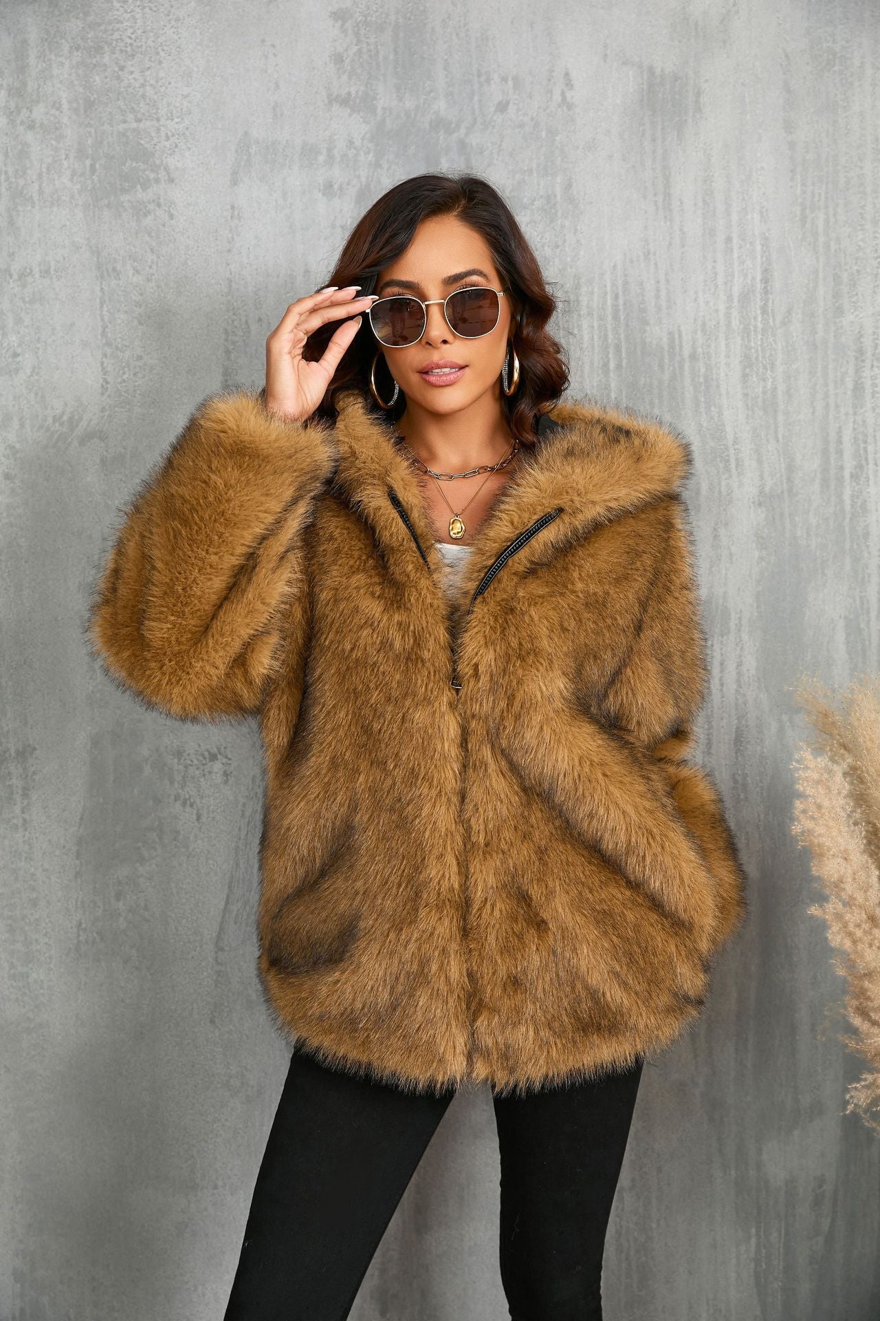 Faux Fur Coat Solid Color Loose Hooded Short Fur Collar Coat Winter Coat Warm Winter Clothing