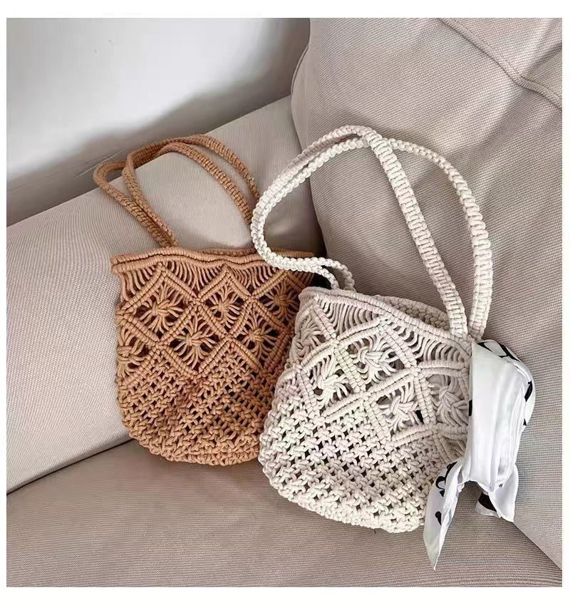 Artistic Simple Cotton Thread Shoulder Woven Bag Summer Niche Hollow Out Cutout Straw Bag Portable Women Bag Vacation Beach Bag