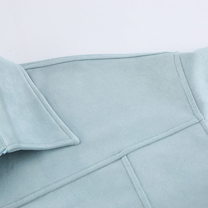 Retro Leather Coat Women Niche Blue Cool Feeling High Street Fashionable Zipper Autumn Winter Suede Jacket