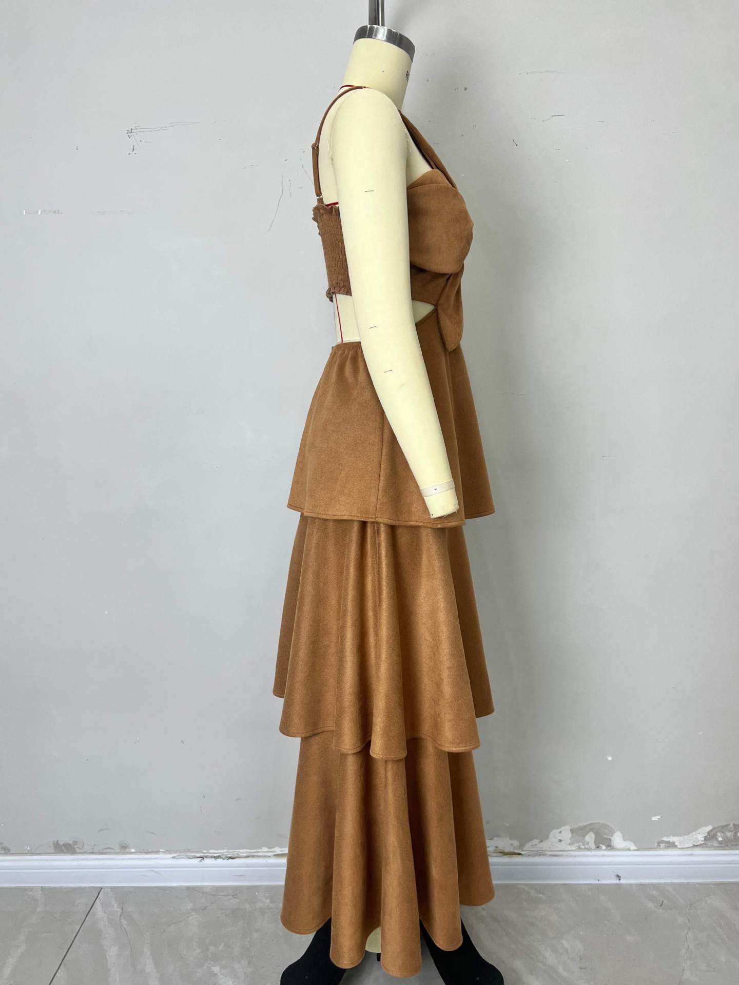 French Retro Suspenders Hollow Out Cutout out Waist Slimming Long Suede Dress