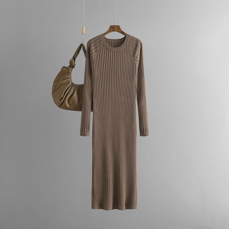 Mid Length Overknee Sweater Dress Women Autumn Winter round Neck Sunken Stripe Inner Wear Base Knitted Dress