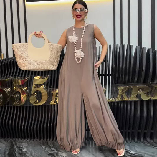 Summer Sling Wide Leg Casual Jumpsuit Women Pleated Jumpsuit