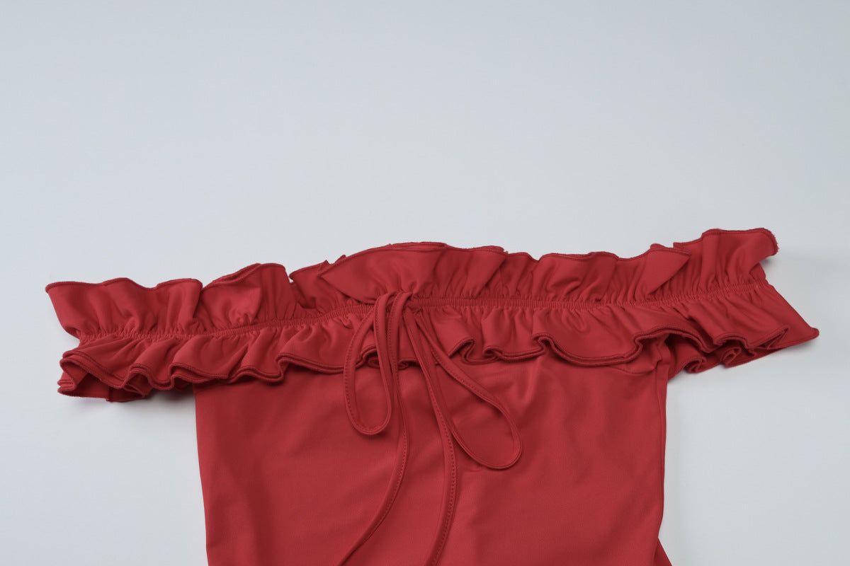 Summer Women Clothes off Neck Wooden Ear Stitching Tied Slim Tube Top Dress Women