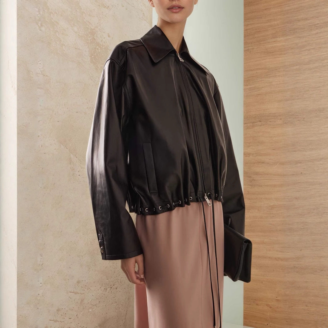 Collared Glossy Leather Drawstring at Hem Design Loose Design Short Fashionable Leather Coat Women